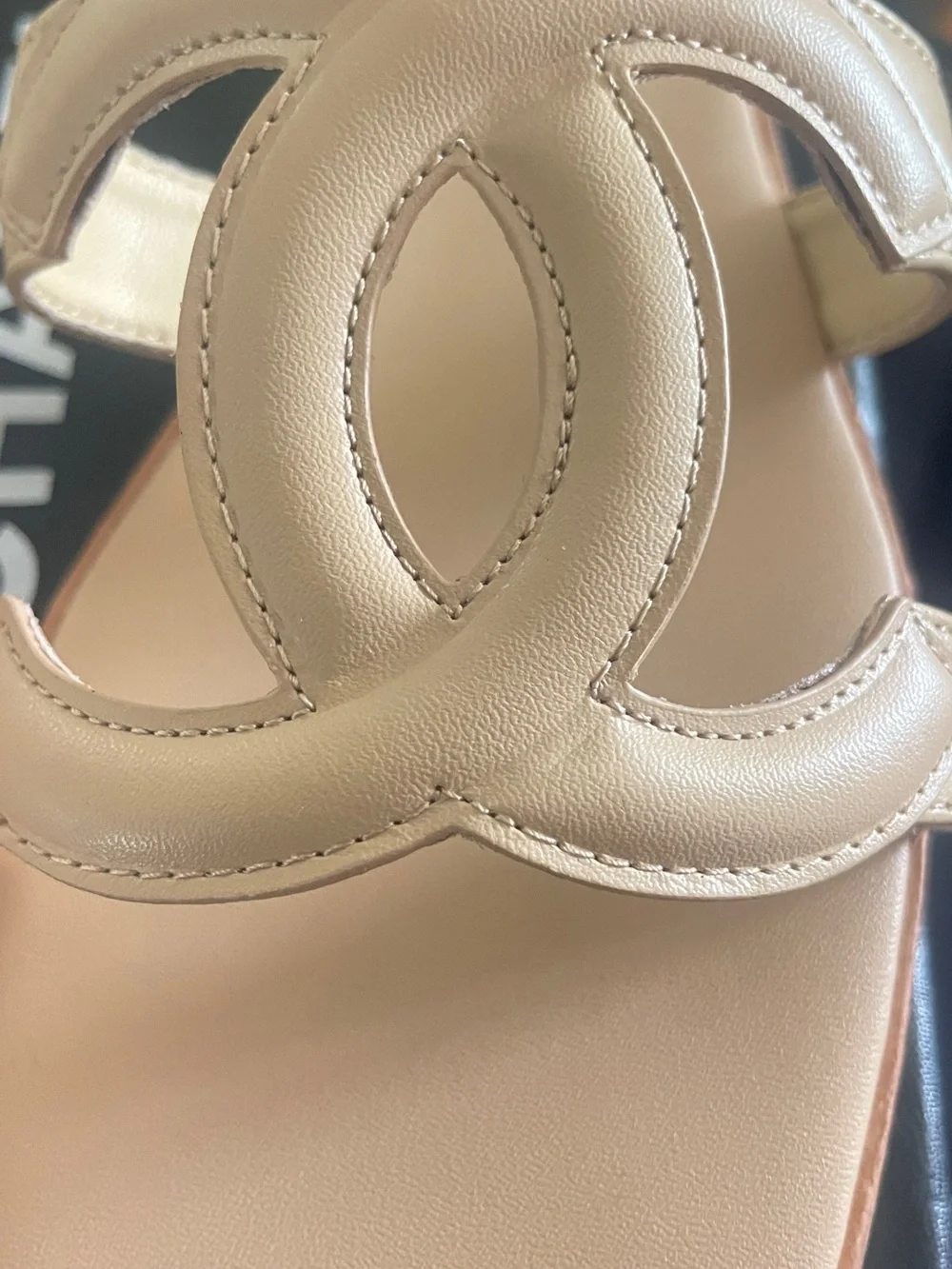CHANEL Genuine Leather Cream Beige Interlocking CC Slide Sandals